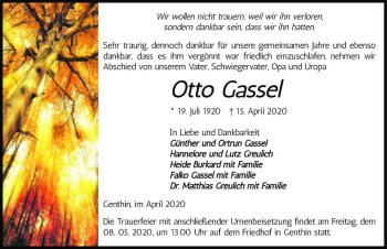 Traueranzeige von Otto Gassel  von Magdeburger Volksstimme