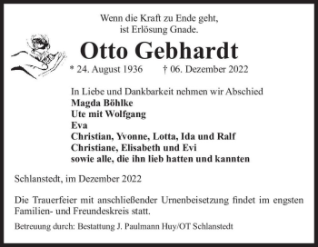 Traueranzeige von Otto Gebhardt  von Magdeburger Volksstimme