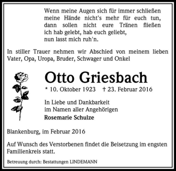Traueranzeige von Otto Griesbach  von Magdeburger Volksstimme