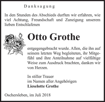 Traueranzeige von Otto Grothe  von Magdeburger Volksstimme