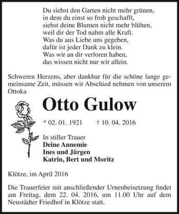 Traueranzeige von Otto Gulow  von Magdeburger Volksstimme