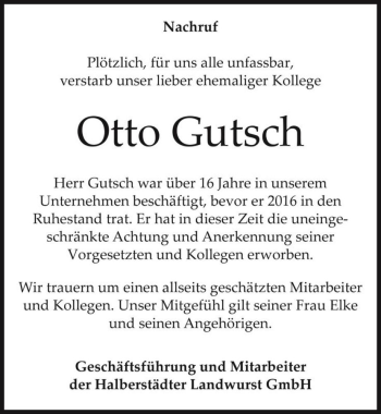 Traueranzeige von Otto Gutsch  von Magdeburger Volksstimme