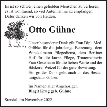 Traueranzeige von Otto Gühne  von Magdeburger Volksstimme
