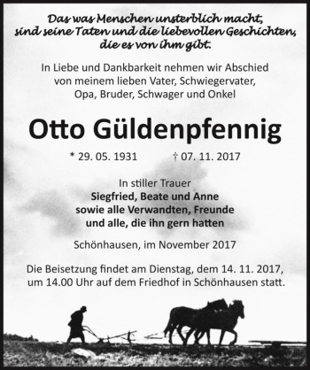 Traueranzeige von Otto Güldenpfennig  von Magdeburger Volksstimme
