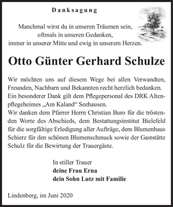 Traueranzeige von Otto Günter Gerhard Schulze  von Magdeburger Volksstimme