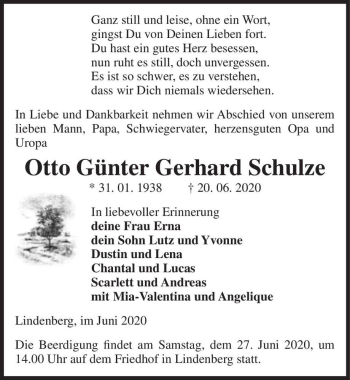 Traueranzeige von Otto Günter Gerhard Schulze  von Magdeburger Volksstimme