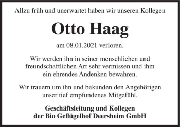 Traueranzeige von Otto Haag  von Magdeburger Volksstimme