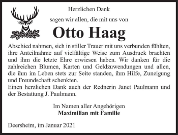 Traueranzeige von Otto Haag  von Magdeburger Volksstimme