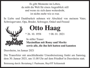 Traueranzeige von Otto Haag  von Magdeburger Volksstimme
