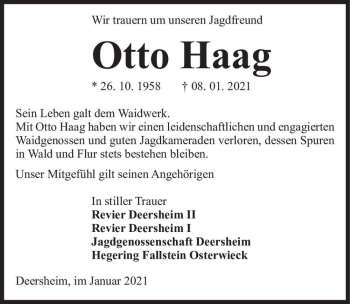 Traueranzeige von Otto Haag  von Magdeburger Volksstimme