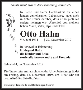 Traueranzeige von Otto Hahn  von Magdeburger Volksstimme