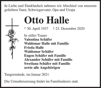 Traueranzeige von Otto Halle  von Magdeburger Volksstimme