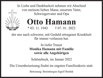 Traueranzeige von Otto Hamann  von Magdeburger Volksstimme