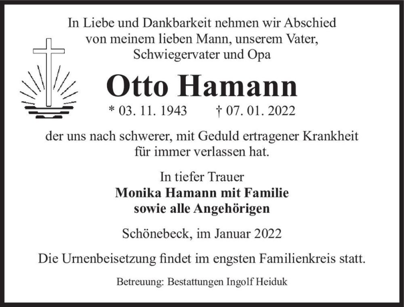  Traueranzeige für Otto Hamann  vom 15.01.2022 aus Magdeburger Volksstimme