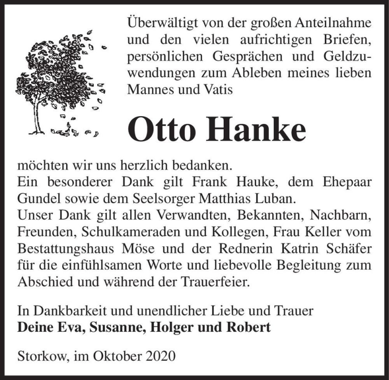  Traueranzeige für Otto Hanke  vom 17.10.2020 aus Magdeburger Volksstimme
