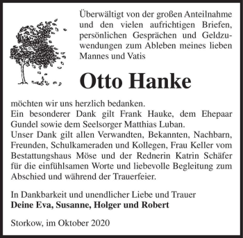 Traueranzeige von Otto Hanke  von Magdeburger Volksstimme