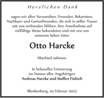 Traueranzeige von Otto Harcke  von Magdeburger Volksstimme