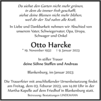 Traueranzeige von Otto Harcke  von Magdeburger Volksstimme