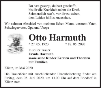 Traueranzeige von Otto Harmuth  von Magdeburger Volksstimme