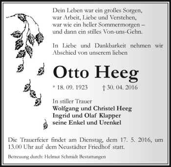 Traueranzeige von Otto Heeg  von Magdeburger Volksstimme