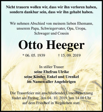 Traueranzeige von Otto Heeger  von Magdeburger Volksstimme