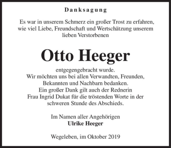 Traueranzeige von Otto Heeger  von Magdeburger Volksstimme