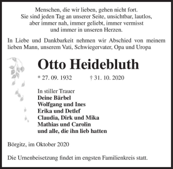 Traueranzeige von Otto Heidebluth  von Magdeburger Volksstimme