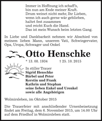 Traueranzeige von Otto Henschke  von Magdeburger Volksstimme