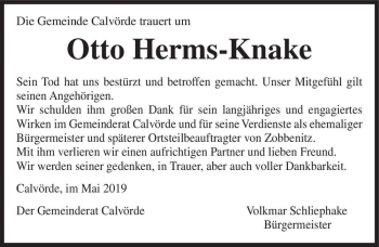 Traueranzeige von Otto Herms-Knake  von Magdeburger Volksstimme
