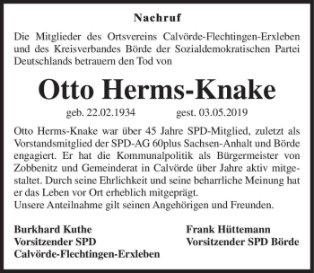 Traueranzeige von Otto Herms-Knake  von Magdeburger Volksstimme
