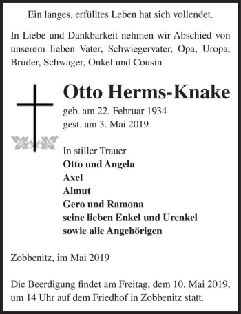 Traueranzeige von Otto Herms-Knake  von Magdeburger Volksstimme