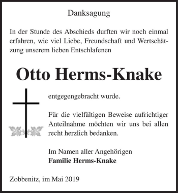 Traueranzeige von Otto Herms-Knake  von Magdeburger Volksstimme