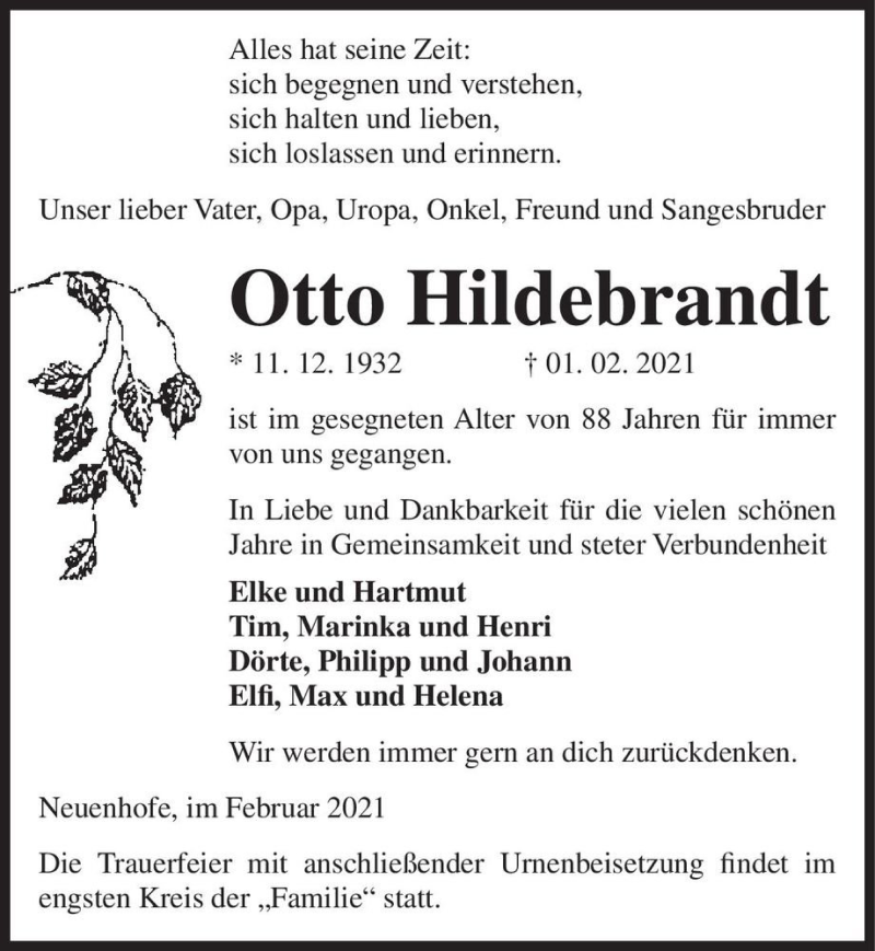  Traueranzeige für Otto Hildebrandt  vom 06.02.2021 aus Magdeburger Volksstimme