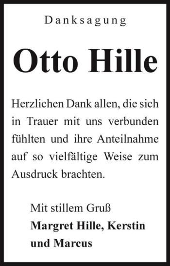 Traueranzeige von Otto Hille  von Magdeburger Volksstimme