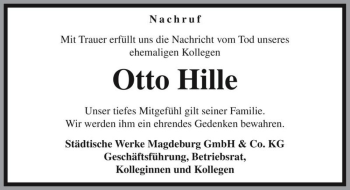 Traueranzeige von Otto Hille  von Magdeburger Volksstimme