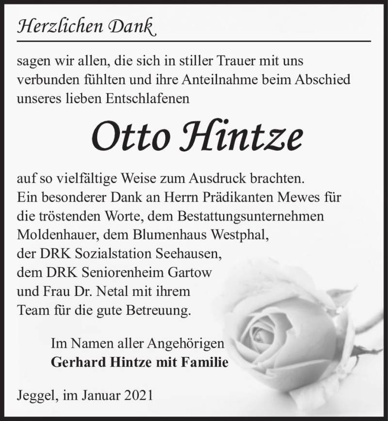  Traueranzeige für Otto Hintze  vom 30.01.2021 aus Magdeburger Volksstimme