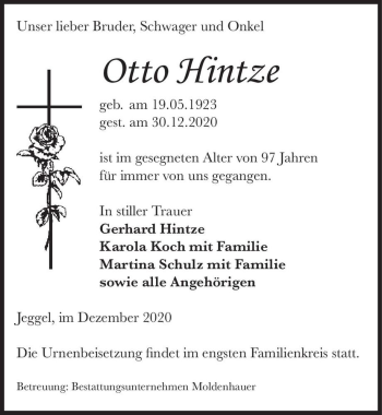 Traueranzeige von Otto Hintze  von Magdeburger Volksstimme