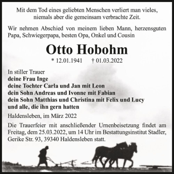 Traueranzeige von Otto Hobohm  von Magdeburger Volksstimme
