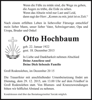 Traueranzeige von Otto Hochbaum  von Magdeburger Volksstimme