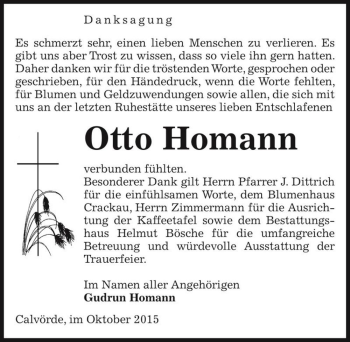 Traueranzeige von Otto Homann  von Magdeburger Volksstimme