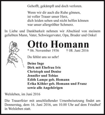 Traueranzeige von Otto Homann  von Magdeburger Volksstimme
