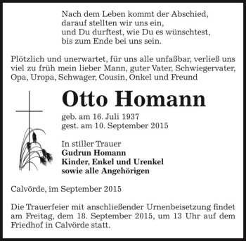 Traueranzeige von Otto Homann  von Magdeburger Volksstimme