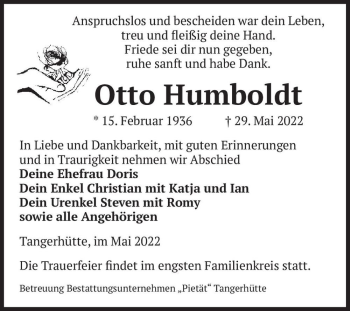 Traueranzeige von Otto Humboldt  von Magdeburger Volksstimme