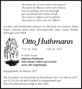 Traueranzeige von Otto Huthmann  von Magdeburger Volksstimme