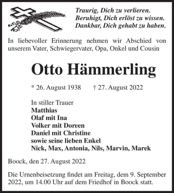 Traueranzeige von Otto Hämmerling  von Magdeburger Volksstimme