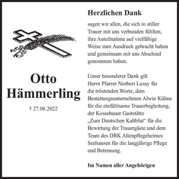 Traueranzeige von Otto Hämmerling  von Magdeburger Volksstimme