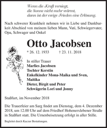 Traueranzeige von Otto Jacobsen  von Magdeburger Volksstimme