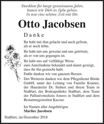 Traueranzeige von Otto Jacobsen  von Magdeburger Volksstimme