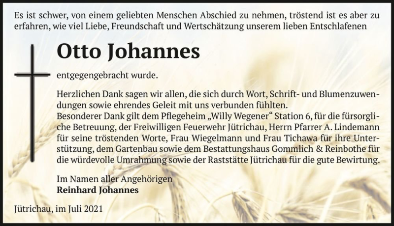  Traueranzeige für Otto Johannes  vom 10.07.2021 aus Magdeburger Volksstimme