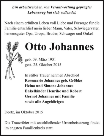 Traueranzeige von Otto Johannes  von Magdeburger Volksstimme